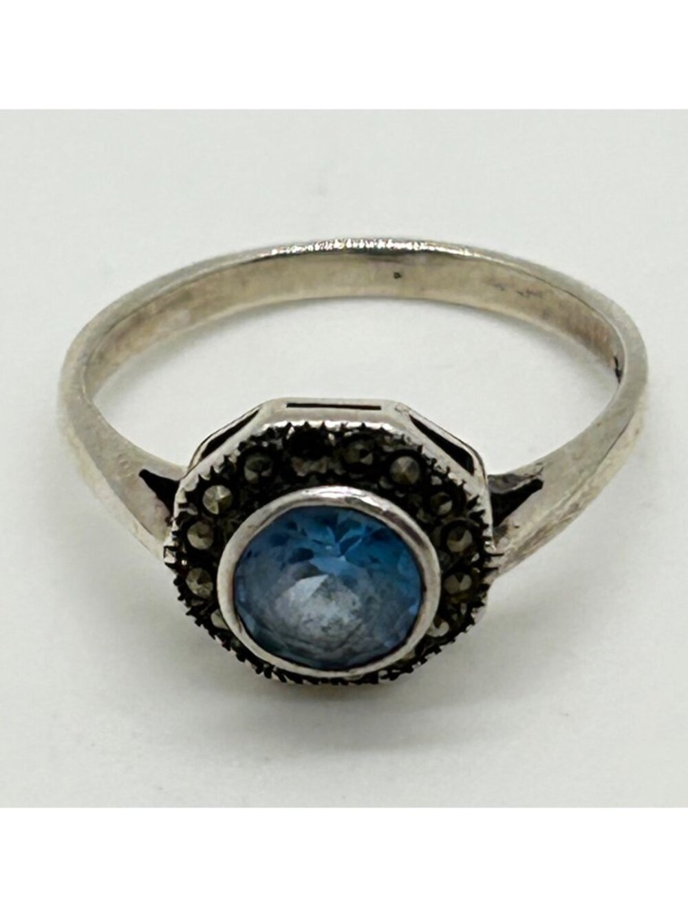 Vintage 925 Sterling Silver Blue Stone & Marcasite Halo Ring Size 6 - Picture 4 of 15